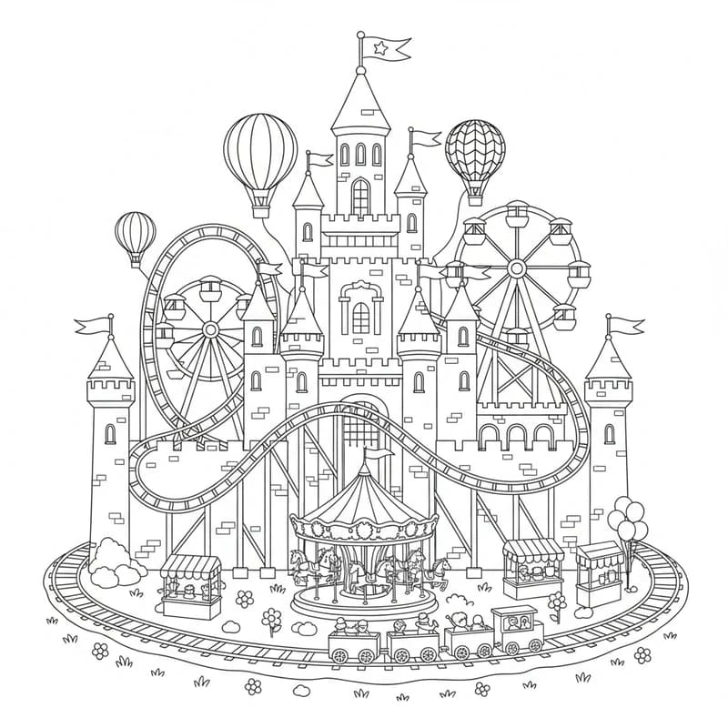Detailed AI coloring page of fantasy amusement park castle - advanced coloring sheet with intricate details
