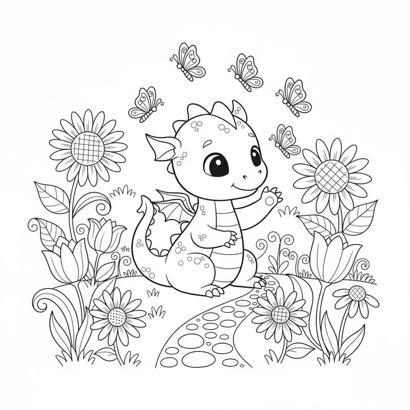 AI-generated cute baby dragon coloring page - children's fantasy coloring sheet with flowers and butterflies