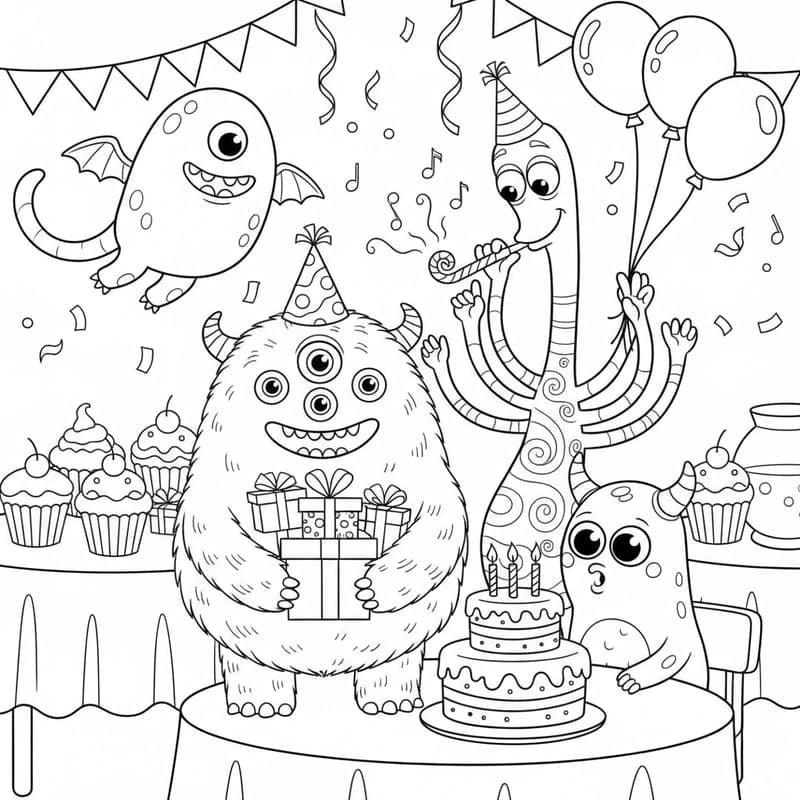 AI-generated monster birthday party coloring page - printable party activity sheet for kids