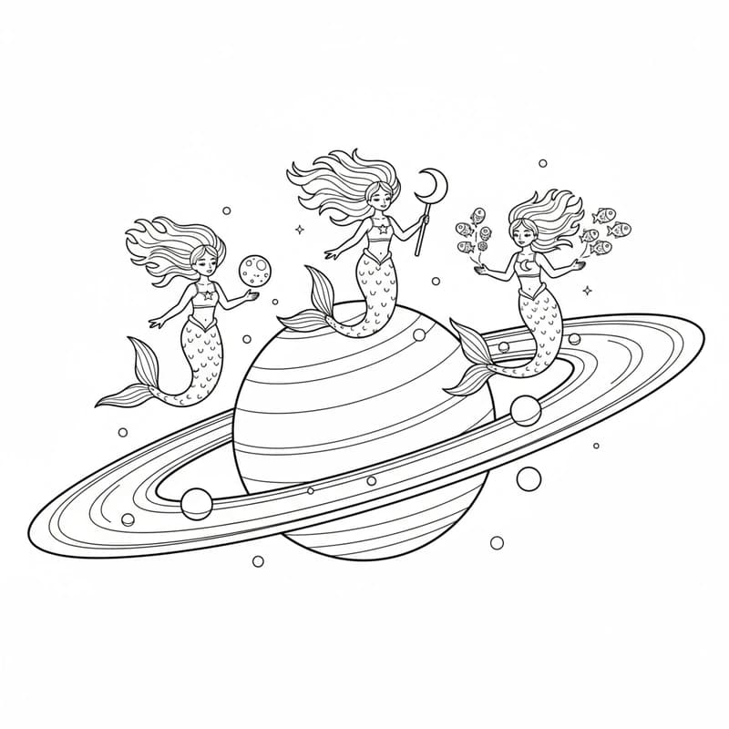 AI fantasy coloring page of space mermaids - creative coloring sheet for kids and adults