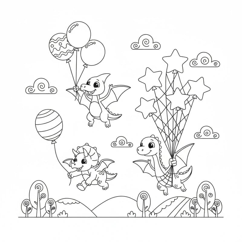 AI coloring page of cute baby dinosaurs learning to fly with balloons - kawaii style kids coloring sheet
