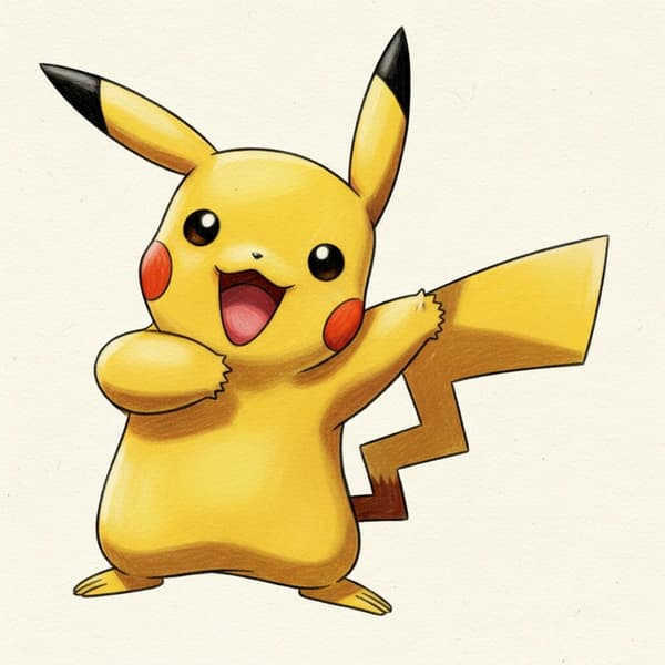 Color illustration of Pikachu standing and smiling with raised paw, used as reference for AI-generated coloring page.
