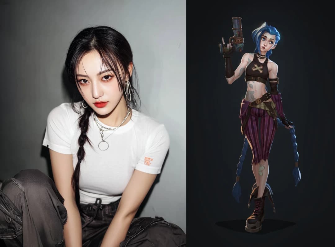 Side-by-side image of a real girl and a game character, used as reference for AI coloring page design.