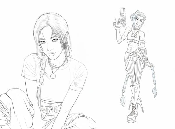 AI coloring page featuring a girl with braids and a female game character, converted from real photo to line art.