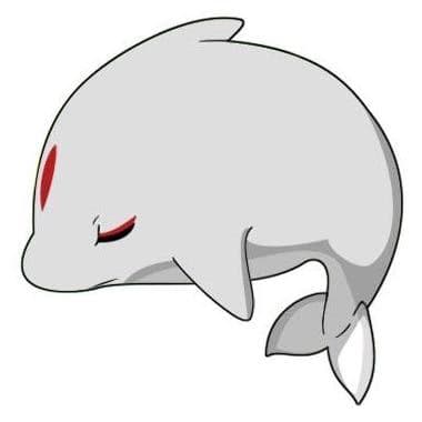 Cute cartoon dolphin with red markings and closed eyes, original colored version before coloring page conversion.