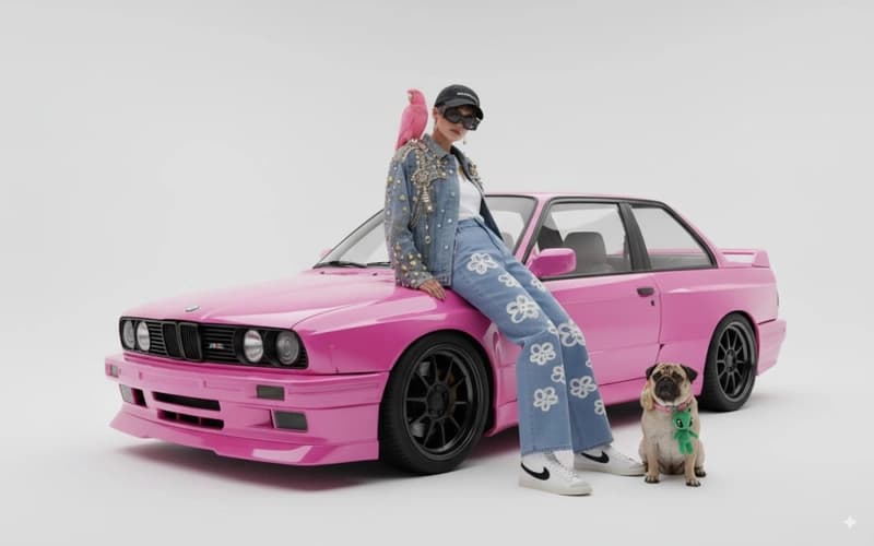 Stylish woman with parrot and dog on pink car - AI coloring page generated using Nano Banana model